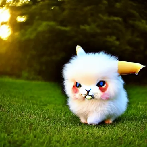 Image similar to real life pokemon, cute!!!, content!!!, mischievous!!!, adorable!!!, fluffy!!!, ultra realistic!!!, golden hour, wide shot, sharp focus