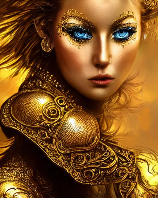 Image similar to airbrush portrait of woman in shining golden armor, high production value, intricate details, high resolution, hdr, high definition, masterpiece, realistic, ultrarealistic, highly detailed, hd, sharp focus, non blurry, sharp, smooth