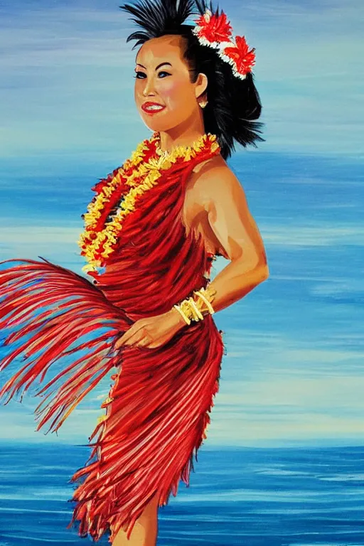 Image similar to traditional hawaiian hula dancer, high detail, beautiful background