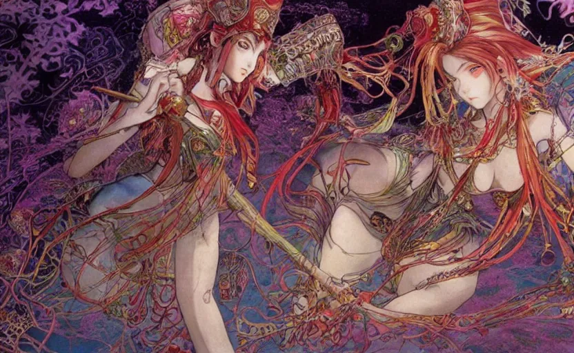 Image similar to lush, dreamlike animation still based on the art of yoshitaka amano ( final fantasy ) from 1 0 0 1 nights ( 1 9 9 8 ), dir. mike smith, hyperion studio