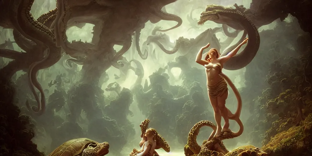 Image similar to Fantasy fairytale story, Great Leviathan Turtle, cephalopod, Cthulhu Squid, Mysterious Island, center Universe, accompany hybrid, Mystical Valkyrie Cyborg, Anubis Reptilian, Atlantean Warrior, intense fantasy atmospheric lighting, hyperrealistic, William-Adolphe Bouguereau, François Boucher, Jessica Rossier, Michael Cheval, michael whelan, Cozy, hot springs hidden Cave, Forest, candlelight, natural light, lush plants and flowers, Spectacular Mountains, bright clouds, luminous stellar sky, outer worlds, Solar Flare Unreal Engine, HD,