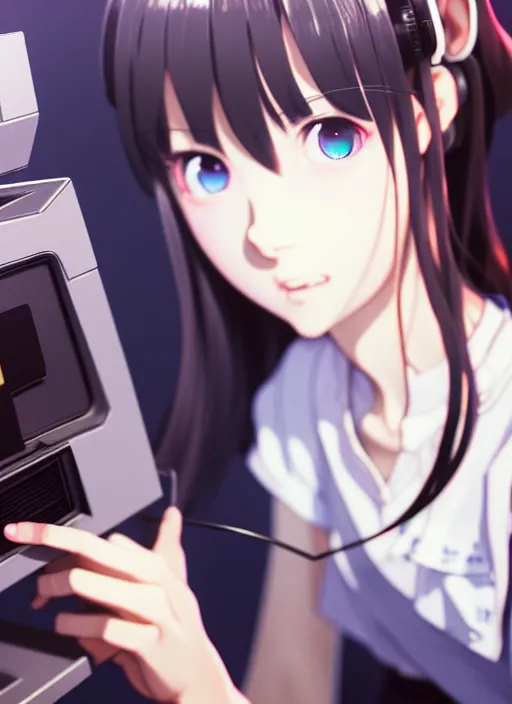 Image similar to a film still polaroid portrait of a young gamersgirl at a gaming pc, finely detailed features, perfect art, busy room, gapmoe yandere grimdark, trending on pixiv fanbox, painted by ilya kushinov makoto shinkai takashi takeuchi studio ghibli, akihiko yoshida, sachin teng, huang guangjian, artstation