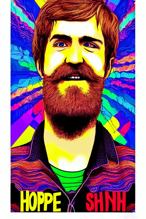 Image similar to inspirational style hope poster of bo burnham with beard, psychedelic colors, highly detailed, realistic, loving, by vitto ngai