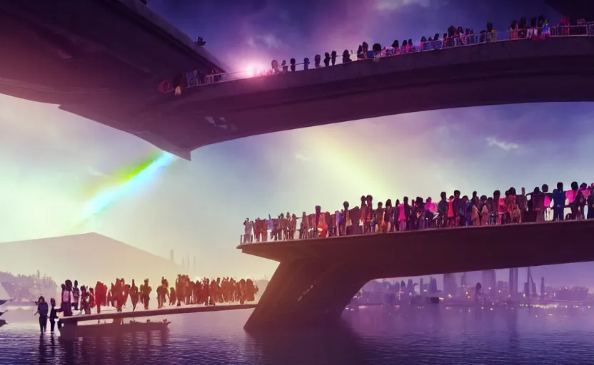 Image similar to incredible, refugees crossing a mindblowingly beautiful bridge made of rainbow hardlight, to a floating city in the sky, matte painting, artstation, solarpunk, cgsociety, dramatic lighting, concept art, octane render, arnold 3 d render