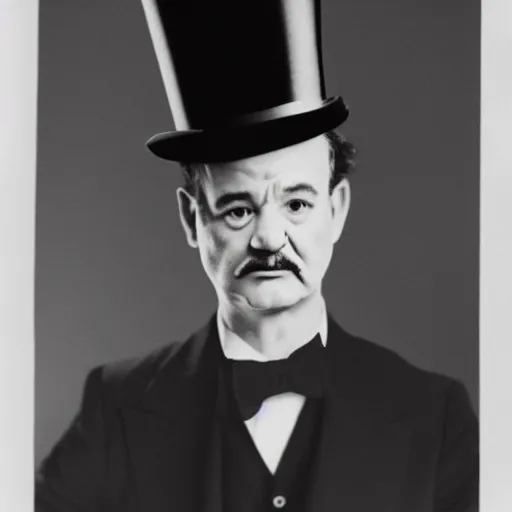 Image similar to black and white mugshot, bill murray, he is wearing a top hat, wearing bandit mask, bow tie bandit