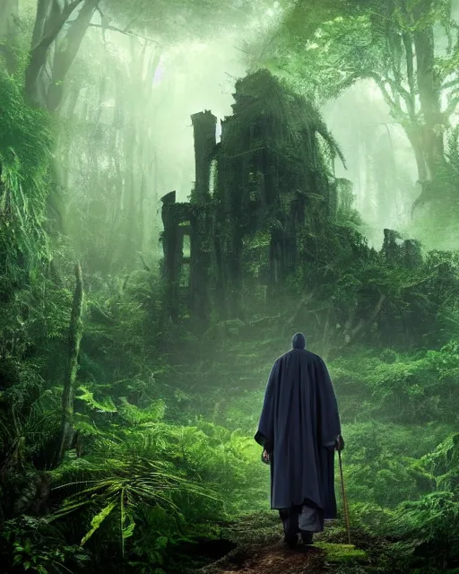 Image similar to a wise wizard walking towards an ominous ruin in a densely overgrown, eerie jungle, fantasy, stopped in time, dreamlike light incidence, ultra realistic