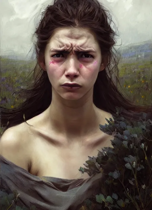 Image similar to portrait of very sad vilage girl, pain, cry, suffering, countryside, fantasy character portrait, dynamic pose, above view, view from above, sunny day, thunder clouds in the sky, artwork by Jeremy Lipkin and Giuseppe Dangelico Pino and Michael Garmash and rob rey, very coherent symmetrical artwork, perfect face, simple form, 100mm