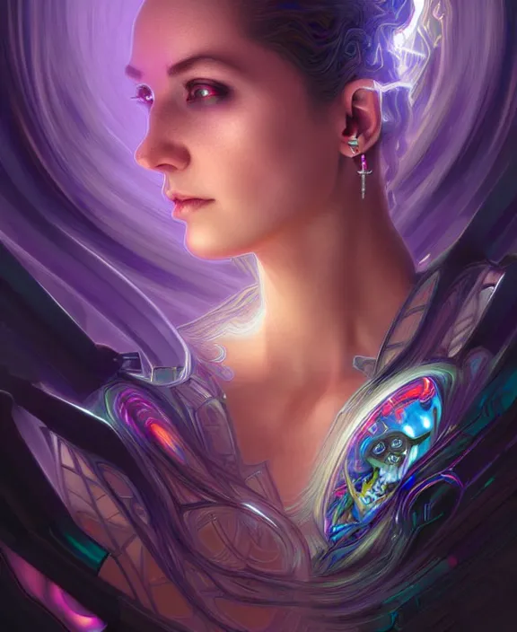 Image similar to a whirlwind of souls rushing inside the metaverse, hologram, half body, neurochip, shaved temple, piercing, jewelry, android, cyborg, cyberpunk face, by loish, d & d, fantasy, intricate, elegant, highly detailed, colorful, digital painting, artstation, concept art, art by artgerm and greg rutkowski and alphonse mucha