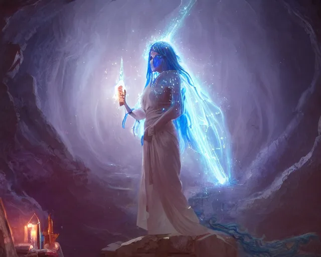 Prompt: blue haired female god casting a spell using sigils, flowing robes, cave with glowing crystals, fantasy, dramatic lighting, detailed painting, greg rutkowski, 8 k,