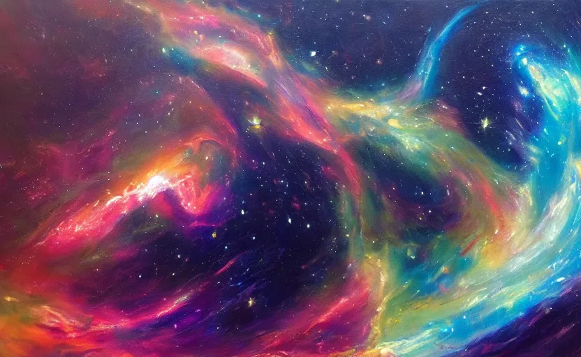 Prompt: an abstract oil painting of an unbelievably beautiful space nebula; hyper-detailed; an extraordinary masterpiece!!!; flawless; trending on artstation