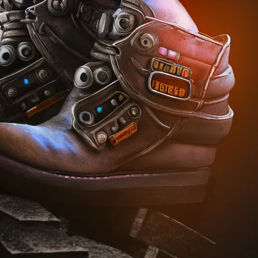 Image similar to a studio shot of mechanic boots made in heaven in the borderlands 3 style, close - up, cinematic shot, intricate, ornate, photorealistic, ultra detailed, realistic, 1 0 0 mm, photography, octane, high definition, depth of field, bokeh, 8 k, behance, artstation