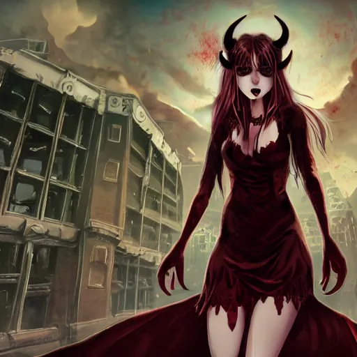 Prompt: super mad demon girl with demon horns in a pretty black dress and blood on it with a bottle in her hand in front of a dystopia city, beautiful high detail photo