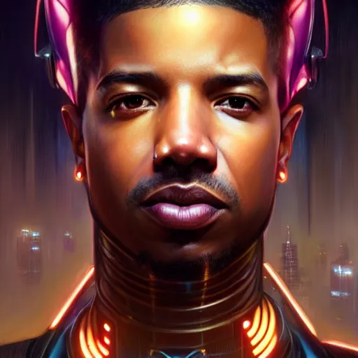 Image similar to portrait painting of a cyberpunk corporate boss elven michael b. jordan, ultra realistic, concept art, intricate details, eerie, highly detailed, photorealistic, octane render, 8 k, unreal engine. art by artgerm and greg rutkowski and charlie bowater and magali villeneuve and alphonse mucha