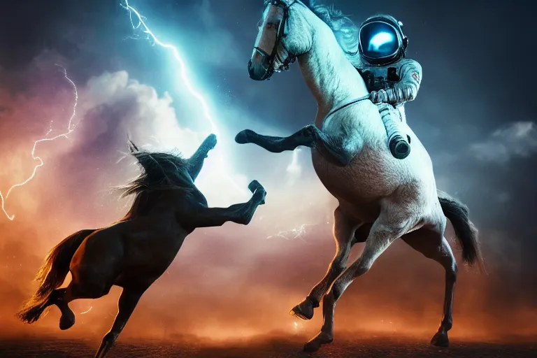 Image similar to astronaut is under the horse, 4 k, ultra details, cinematic, epic style, beautiful photo, hyper realistic, octane render, unreal engine, award winning, on artstation, volumetric lightning, masterpiece, golden hour,