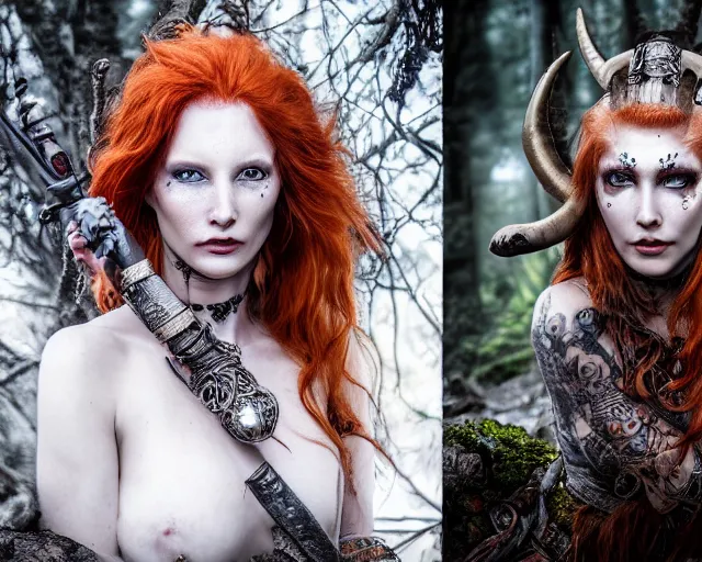 Image similar to 5 5 mm portrait photo of an armored gorgeous anesthetic redhead woman warrior with a face tattoo and lamb horns growing from her head, in a magical forest in the style of stefan kostic, art by luis royo. highly detailed 8 k. intricate. lifelike. soft light. nikon d 8 5 0. cinematic post - processing