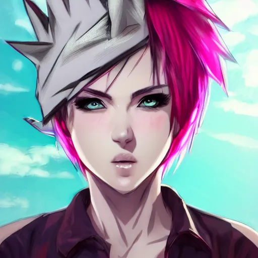 Image similar to full headshot portrait of anime woman with pink mohawk punk, digital art, drawn by WLOP, by Avetetsuya Studios, anime manga panel, trending on artstation, wearing a plaid shirt