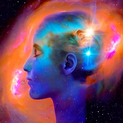 Prompt: Side profile portrait of an attractive Greek celestial goddess with an aquiline nose, and a gental smile. Her head is tilted down. She is made of glowing blue nebula gas, and her blue face is emerging from a larger pink and orange nebula which is her hair. High resolution image by Hubble Space Telescope.