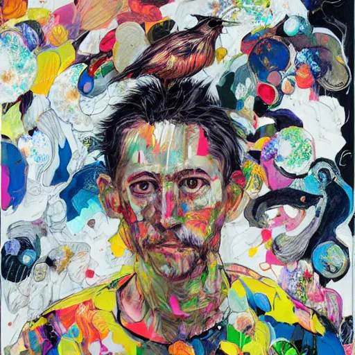 Image similar to neat, dreary sabattier filter, graphic novel by ben quilty, by hikari shimoda. a beautiful land art of a human face with a bird's beak protruding from the forehead.