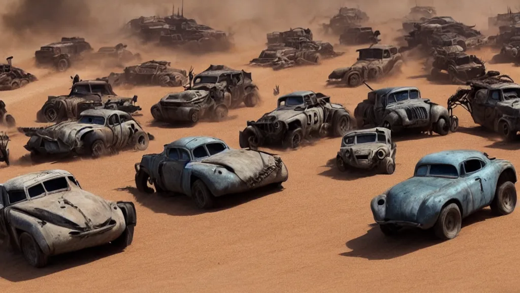 Image similar to pixar cars in mad max fury road, cartoon eyes, war boys, furiosa, explosions, imax