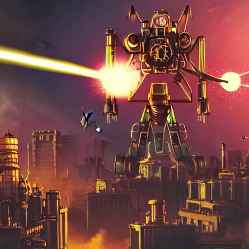 Image similar to A steampunk-style mech with machine guns, rocket launchers, and lasers towering over a city