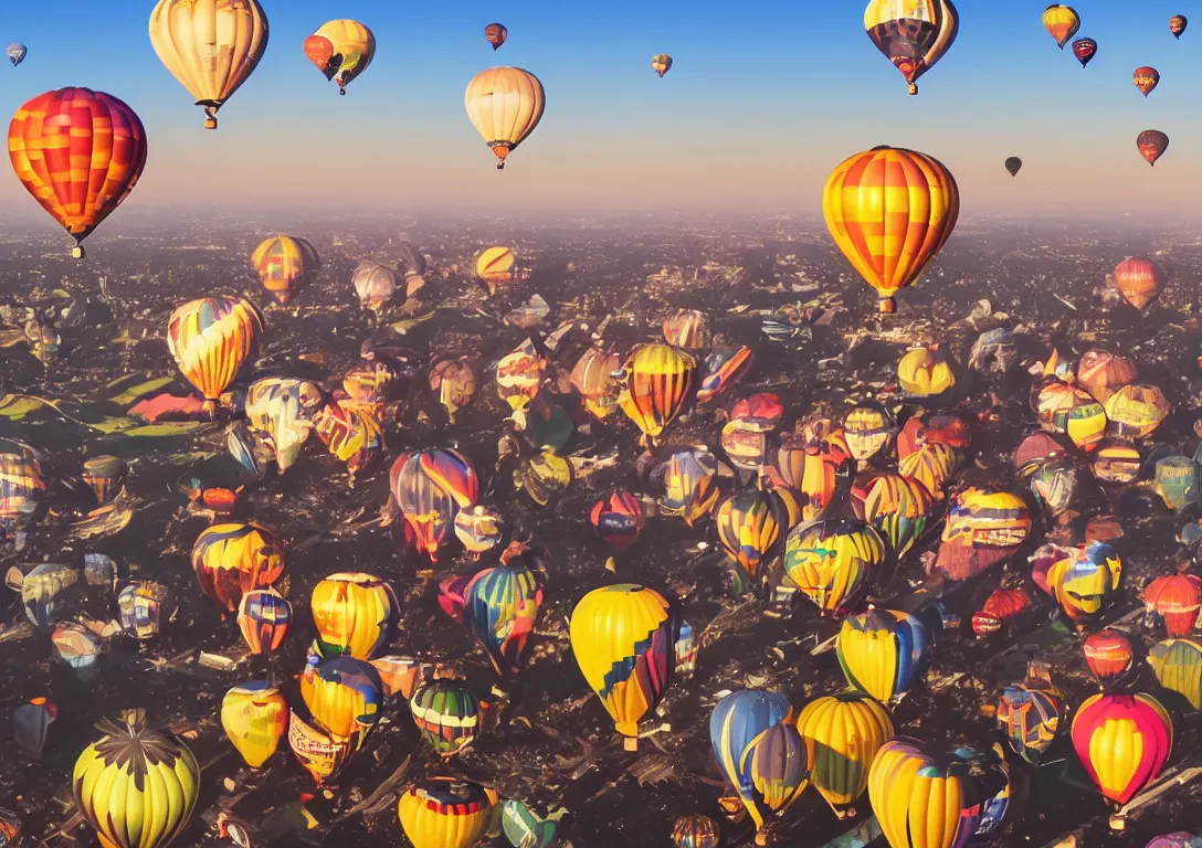 Prompt: beautiful hyper realistic photo of sky full of colorful hot air balloons, aerial view, photo realistic image, 4K, super detailed, golden hour look
