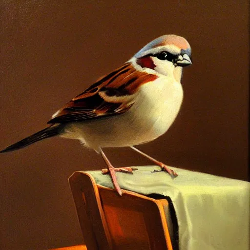 Prompt: highly detailed, artstation, oleo, sharp focus, an oil painting of a sparrow perched on a chair, by diego velazquez