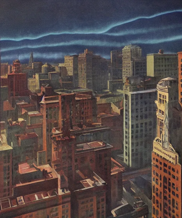 Prompt: horrifying full color photorealistic painting of the view from a 1 9 2 5 hotel terrace balcony overlooking a warped view of downtown boston in 1 9 2 5 with a cosmic sky, dark, atmospheric, brooding, smooth, finely detailed, cinematic, epic, in the style of paul carrick