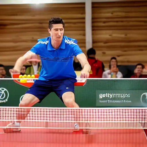 Image similar to Robert Lewandowski playing table tennis on a tournament, high quality news photography