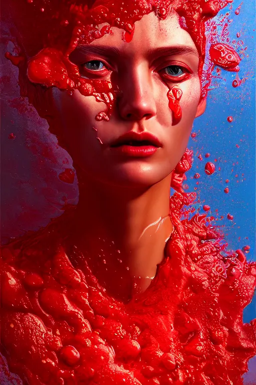 Prompt: 3 d, close - up, boiling liquid gold and red water, frown fashion model, poster art, high detail, intricate oil painting, multiple exposure, bright mood, hyperrealism, 3 d, by tooth wu and wlop and beeple and greg rutkowski