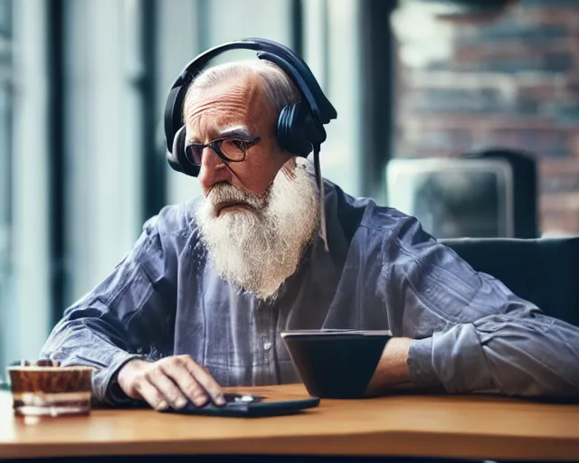 Prompt: old man hipster using desktop gaming computer, wearing headset, sitting at desk, confused by computer, cinematic, 4k, hyper realistic, super detailed, colorful accents, golden ratio, highly detailed professional photo, centered, rim lights, vray caustics