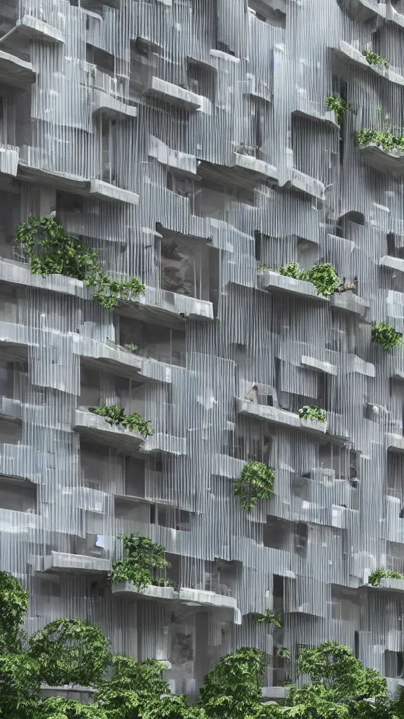 Prompt: hyperrealistic rendering of a futuristic timber clad building in a urban setting. the building has many balconies with hanging plants and large windows. parts of the building are wrapped in billowing fabric tarps. the fabric tarps are translucent mesh with large holes for balconies and windows. the fabric hangs from metal scaffolding. 8 k