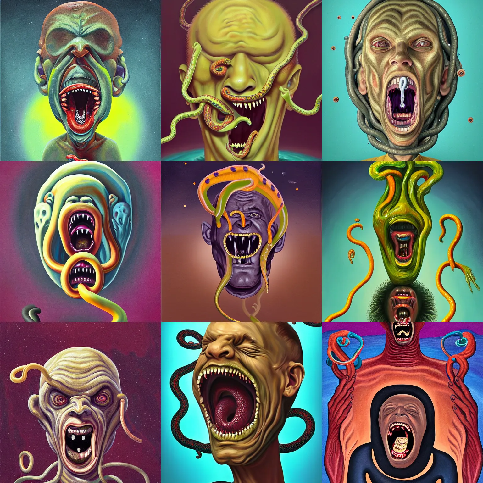 Prompt: a painting of a disembodied screaming man's face with snakes coming out of his orifices, a surrealist painting, polycount, behance, surrealism, surrealist, lovecraftian, cosmic horror, grotesque
