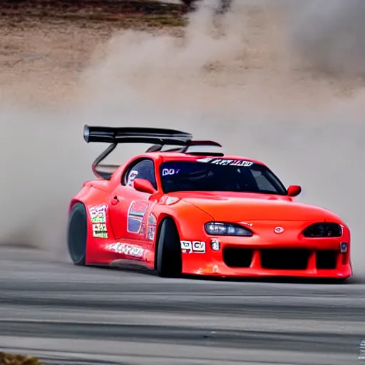 Prompt: A photograph of a toyota supra drifting by Larry Chen, Formula Drift