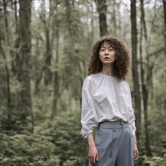 Image similar to a woman, in nature, backlit, wearing pants, backlit, photo by Marat Safin, Canon EOS R3, f/1.4, ISO 200, 1/160s, 8K, RAW, unedited, symmetrical balance, in-frame