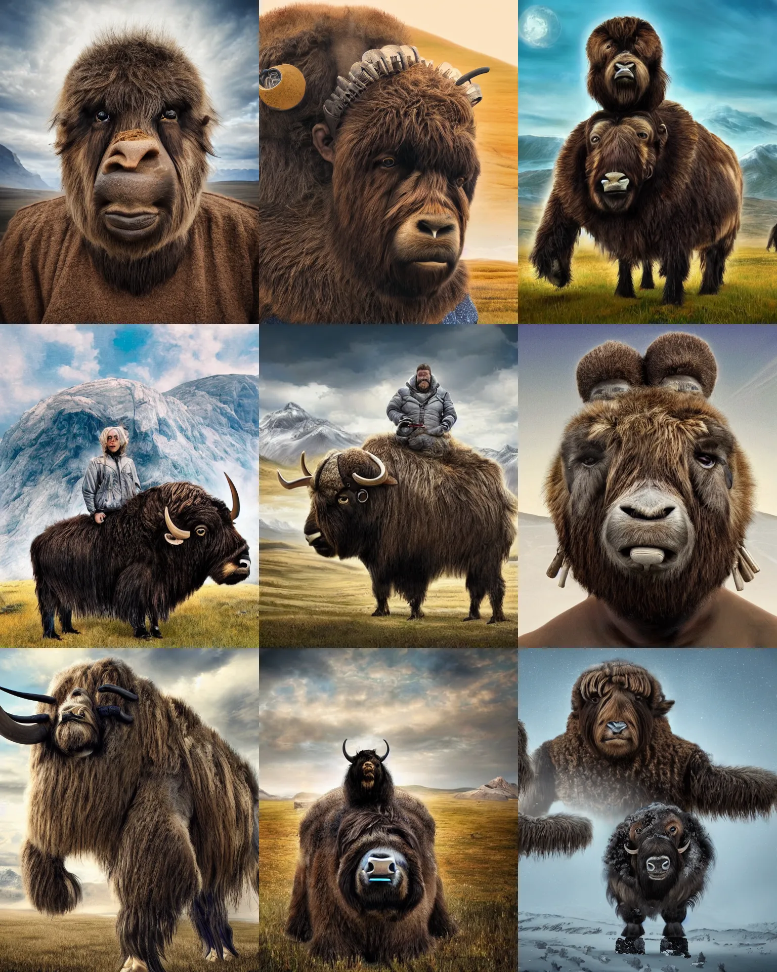 Prompt: highly detailed portrait photo of an anthropomorphic mutant, half cyborg and half human with the head of a musk ox, wandering through a scenic dystopian steppe, hyperrealistic Illustration