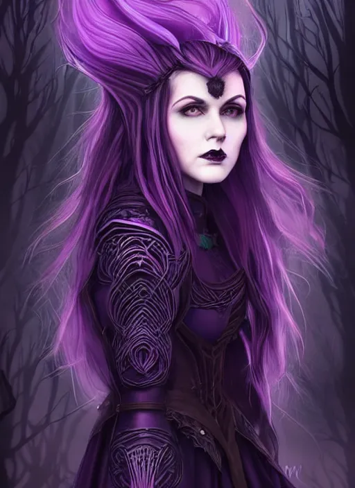 Image similar to side portrait dark witch, adventurer outfit large cloak, fantasy forest landscape, dragon scales, fantasy magic, undercut hairstyle, short purple black fade hair!!!!!!, dark light night, intricate, elegant, sharp focus, illustration, highly detailed!!!!!!!, digital painting, concept art, green neon smoke, matte painting, art by WLOP and Artgerm and Greg Rutkowski and Alphonse Mucha, masterpiece