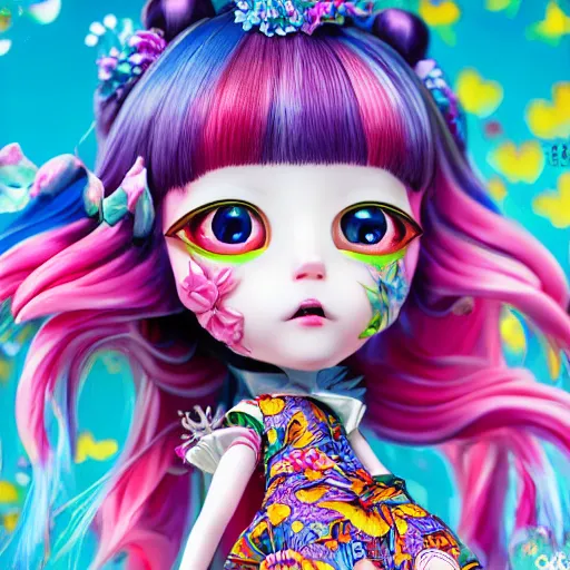 Prompt: Vibrant, cheerful stunning maximalist bio flowerpunk anime girl from the rainbow sky paradise, high-tech, detailed by Mark Ryden and artgerm and Hiroyuki-Mitsume Takahashi, 35mm macro shot, hyperrealism, 8k resolution 3D