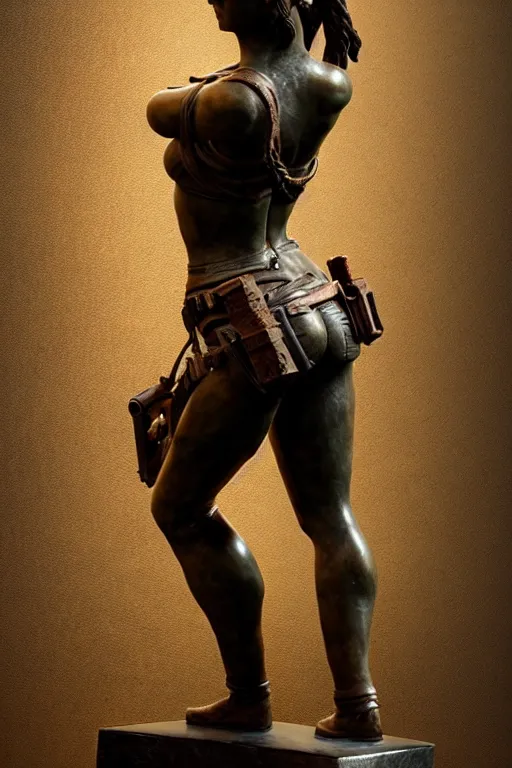 Image similar to detailed studio photo of old bronze patina statue lara croft, full body portrait, various poses, photorealism, intricate detail, museum diffuse lighting