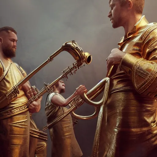 Image similar to anglo saxons playing saxophones sacking sacremento, trending on artstation, dramatic lighting, octane render, weta digital, micro details, 3 d sculpture, structure, ray trace, insane details, intricate, elite, ornate,