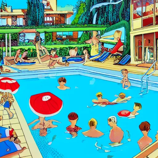 Prompt: where's wally book page highly detailed, swimming pool setting