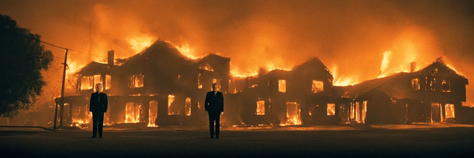 Image similar to 3 5 mm medium format photo, cinema still from david lynch movie, sleazy man watching night streets while a single house burns in the background of suburbia, haze, americana, high production value, 8 k resolution, hyperrealistic, hdr, photorealistic, high definition, high details, tehnicolor, award - winning photography, masterpiece, amazing colors