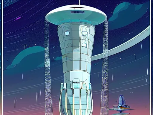 Image similar to a scifi illustration, hyper detailed external view of a space elevator. cinematic wide angle composition. flat colors, limited palette in FANTASTIC PLANET La planète sauvage animation by René Laloux