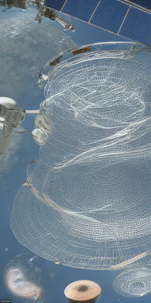 Image similar to Detailed Infographic by Moebius of a giant beautiful diatom hanging inside a space station, space station, space station