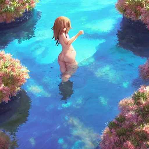 Image similar to a teddy bear in a pool, ripples, reflection on the water, sunny. By Makoto Shinkai, Stanley Artgerm Lau, WLOP, Rossdraws, James Jean, Andrei Riabovitchev, Marc Simonetti, krenz cushart, Sakimichan, trending on ArtStation, digital art.