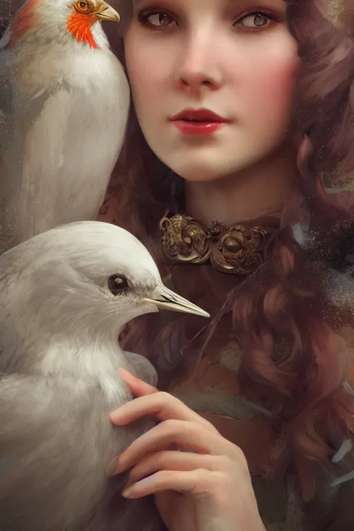 Prompt: close up 3 d render of english princess holding birds, beautiful face, realistic face, closeup, ornaments, mucha vibe, dieselpunk, solarpunk, artstation, andrei riabovitchev