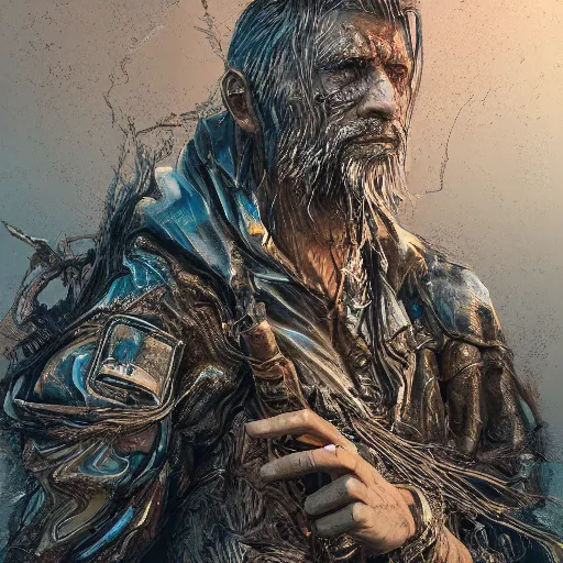 Image similar to the weary way - worn wanderer, metallic colors, hyper detailed, extreme detail, digital art, high quality, trending on artstation, artstation