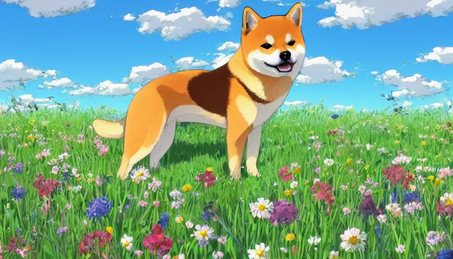 Image similar to a shiba inu standing on a field of flowers, studio ghibli, digital art, illustration, detailed, front page of artstation, sharp focus