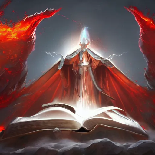 Image similar to white fire hovering over an open Bible icon, red back drop, cgsociety, artstationhq, digital art, detailed