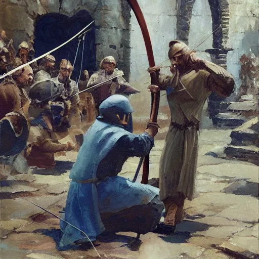 Image similar to man in medieval clothes aiming a bow by craig mullins, greg manchess, bernie fuchs, walter everett, lost edges