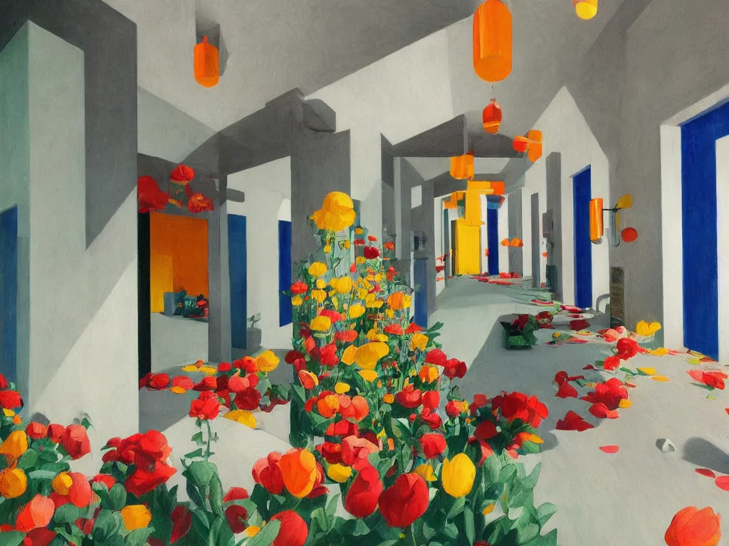 Image similar to colorful minimalist industrial interior hallway with monolithic pillars in the style of ridley scott and stanley kubrick, impossible stijl architecture, bed of flowers on floor, ultra view angle view, realistic detailed painting by edward hopper